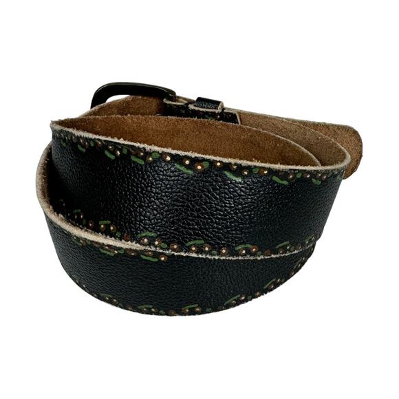Boho Artisan Black Distressed Painted Floral Belt OS Cottage Western Casual - Picture 4 of 5